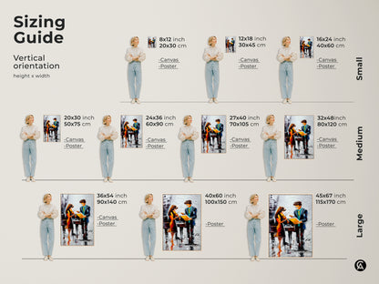 Sizing guide for violin and piano canvas art. See various sizes available for canvas and poster prints. Find the ideal dimensions for your contemporary music artwork.