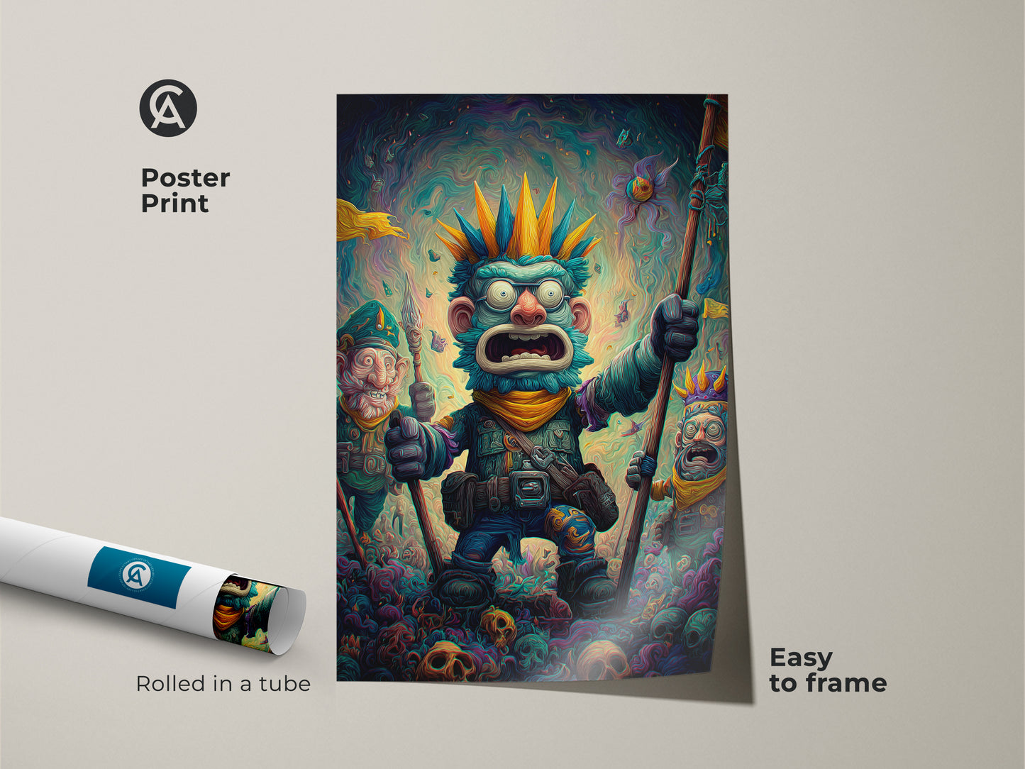 A poster print showcases a bizarre monster artwork. The central figure is surrounded by goblin sidekicks standing on skulls. The artwork is easy to frame and arrives rolled in a tube. Bring a touch of dark fantasy to your space with this unique poster.
