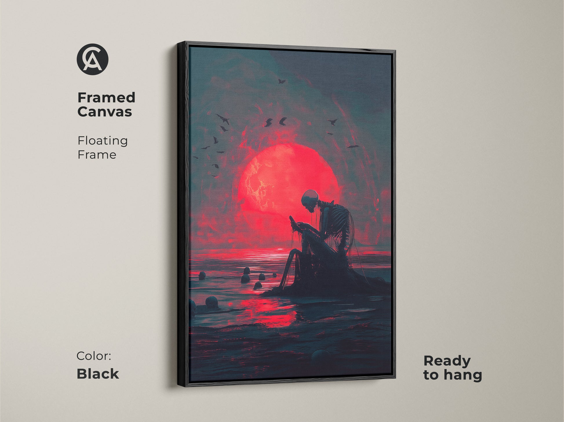 Framed canvas showcasing a skeleton art piece with a red moon. It has a sleek black floating frame. This ready-to-hang artwork adds a modern touch to any room. The framed canvas enhances the artwork's visual impact. Perfect for contemporary art lovers. A gothic style statement piece.