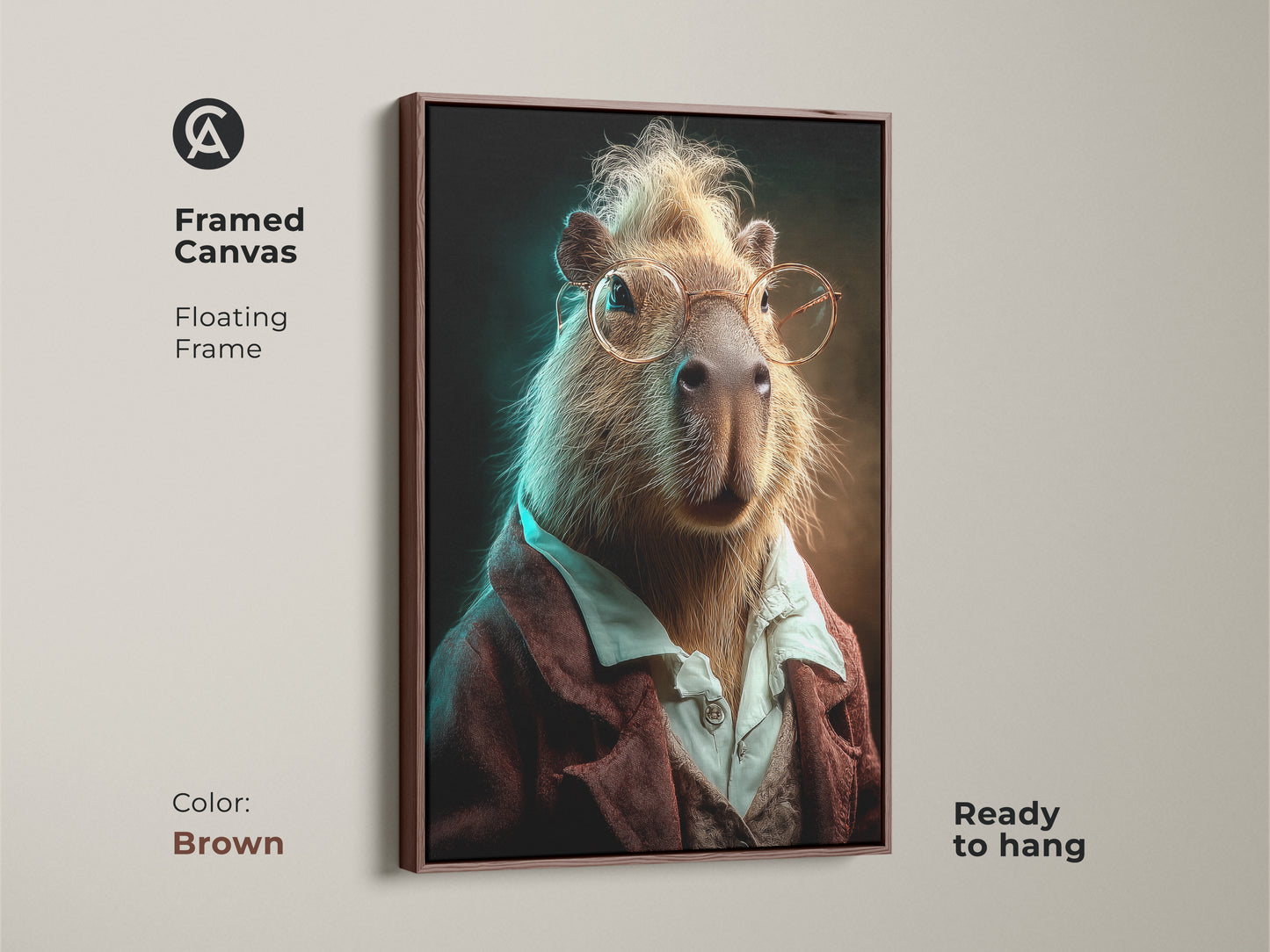 Framed canvas of a funny capybara art print with an antique gold floating frame. An eye-catching piece of eclectic animal wall decor. It brings humor and sophistication to any animal lovers space