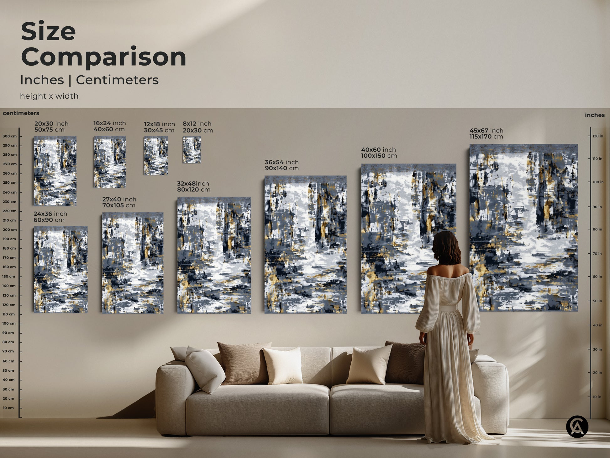 Size comparison of abstract canvas art featuring charcoal gray and gold leaf elements. See how different sizes enhance a living room setting. Find the perfect scale for your modern home decor. This includes abstract textured painting.
