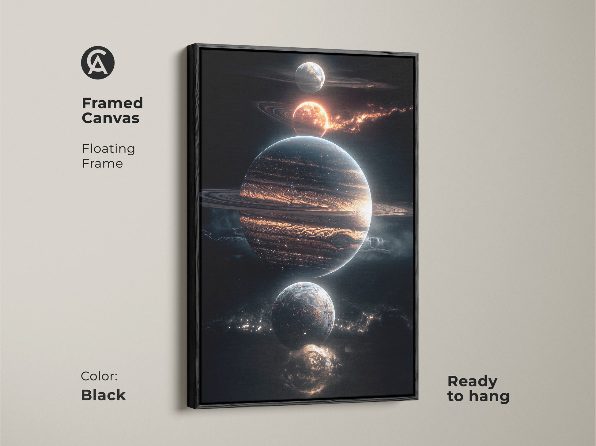 Framed canvas featuring planets floating in space. The black floating frame makes it ready to hang. This stellar artwork is perfect for any room. Get your framed canvas today.