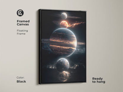 Framed canvas featuring planets floating in space. The black floating frame makes it ready to hang. This stellar artwork is perfect for any room. Get your framed canvas today.