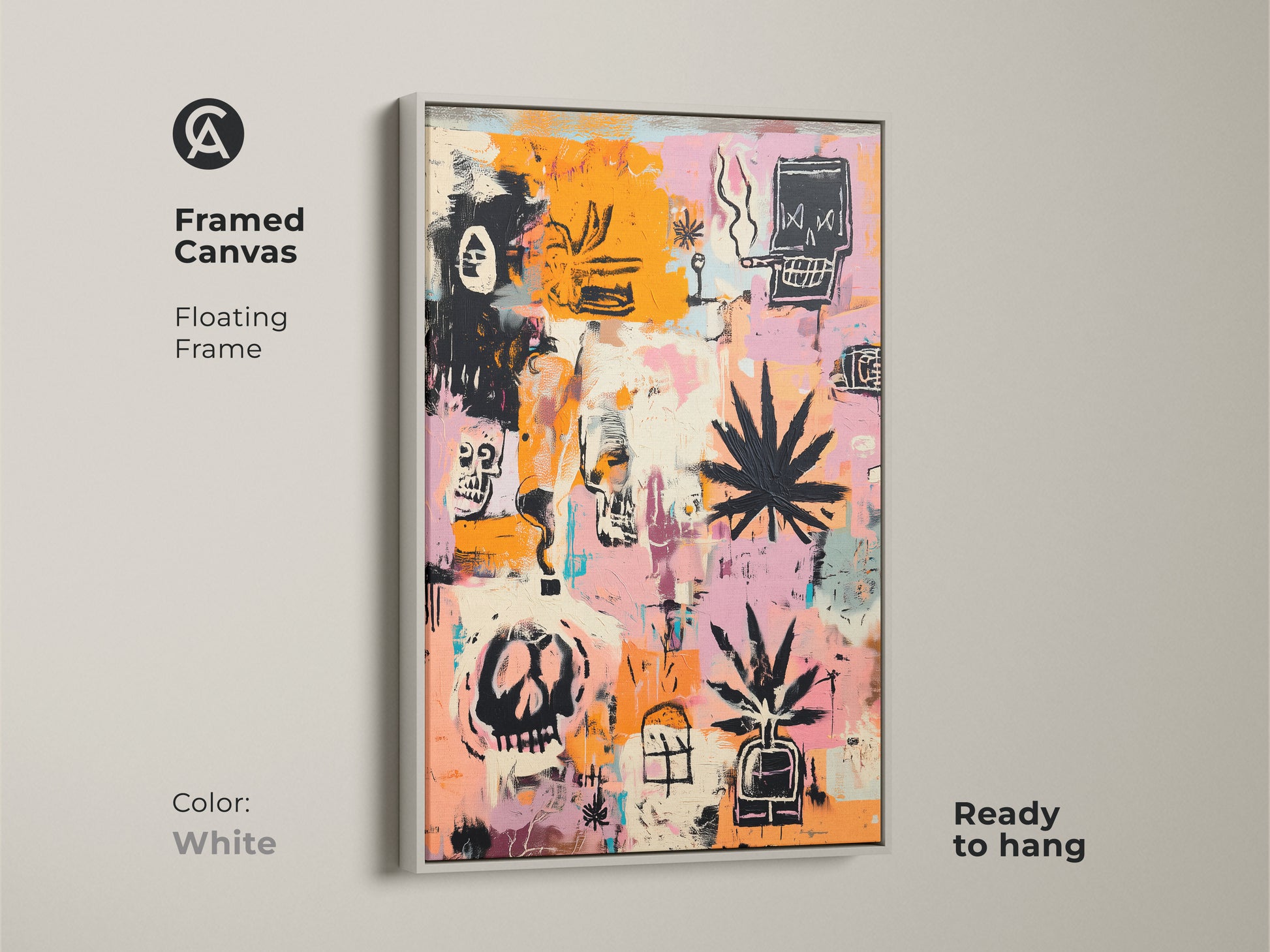 Framed canvas featuring skull and cannabis leaf artwork. The floating frame is white. The painting has a mix of orange and pink hues. It is ready to hang. Perfect for modern art enthusiasts.