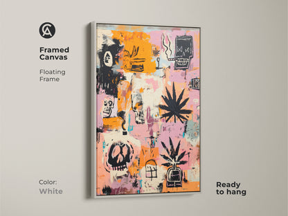 Framed canvas featuring skull and cannabis leaf artwork. The floating frame is white. The painting has a mix of orange and pink hues. It is ready to hang. Perfect for modern art enthusiasts.