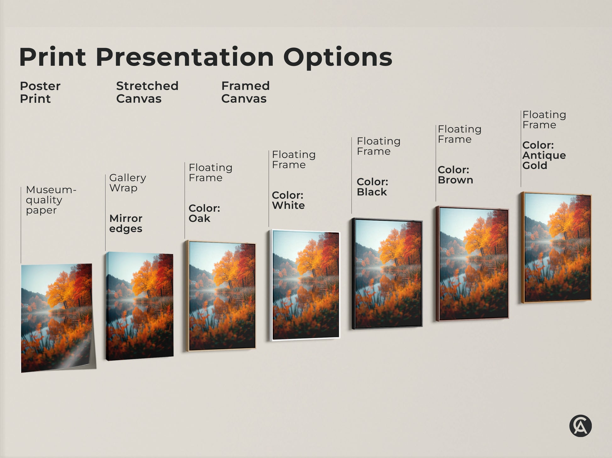 Print presentation options for autumn lake artwork. See poster prints stretched canvas and framed canvas. Multiple frame color options. Find the perfect art for your space. Shop today.