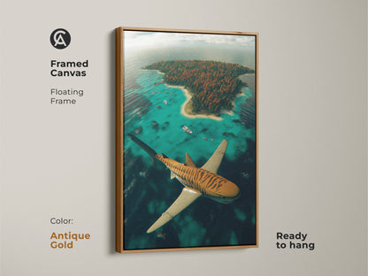 This framed canvas features a surreal tiger shark over a tropical island. The antique gold floating frame adds elegance to this eclectic wall hanging. It is ready to hang. This island paradise art is a unique birthday present for art lovers.