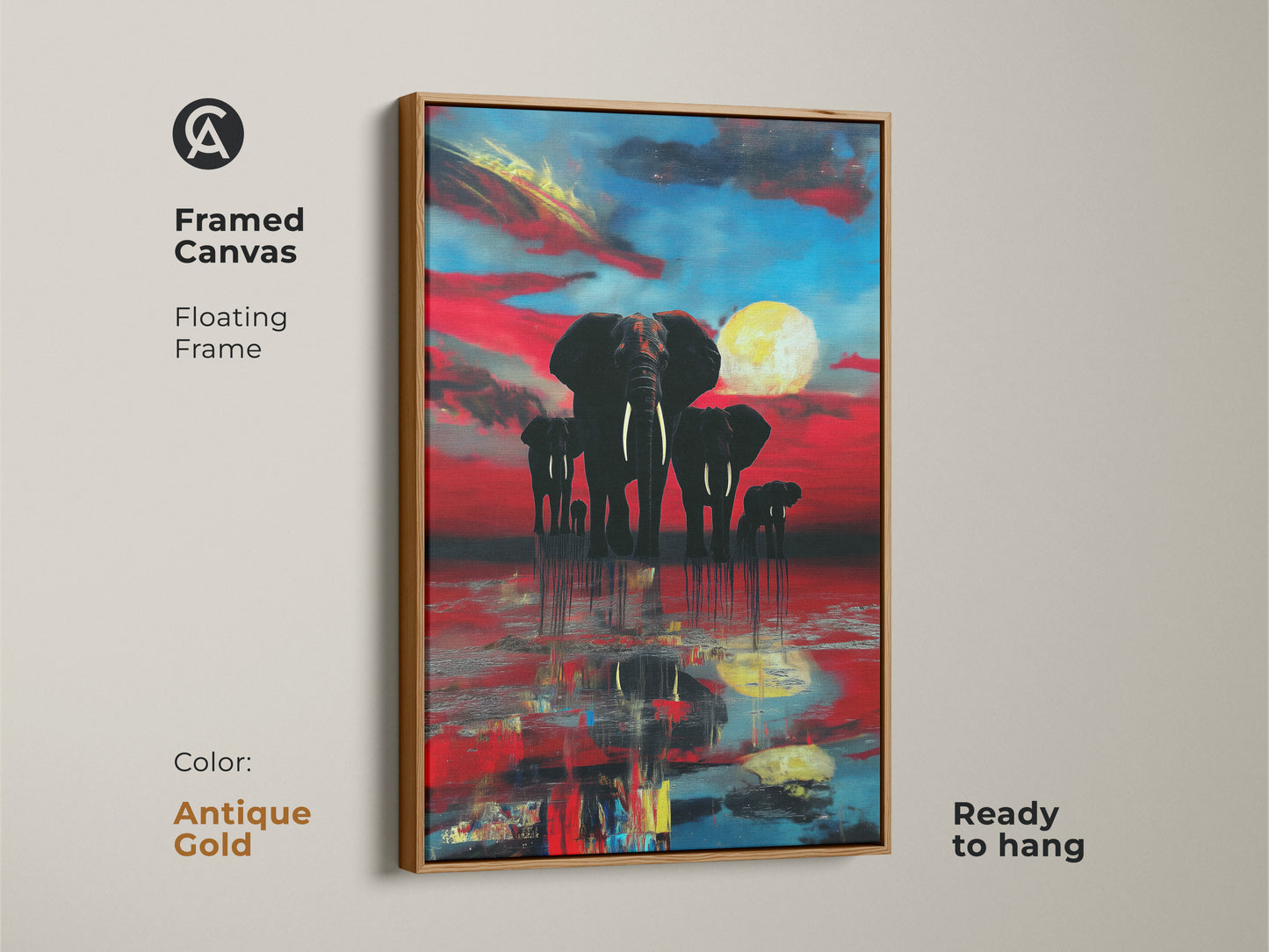 Antique gold framed canvas of abstract elephants at sunset. The floating frame highlights the vibrant wildlife canvas. Ready to hang this artwork combines nature and modern art. A unique piece with crimson and azure hues.