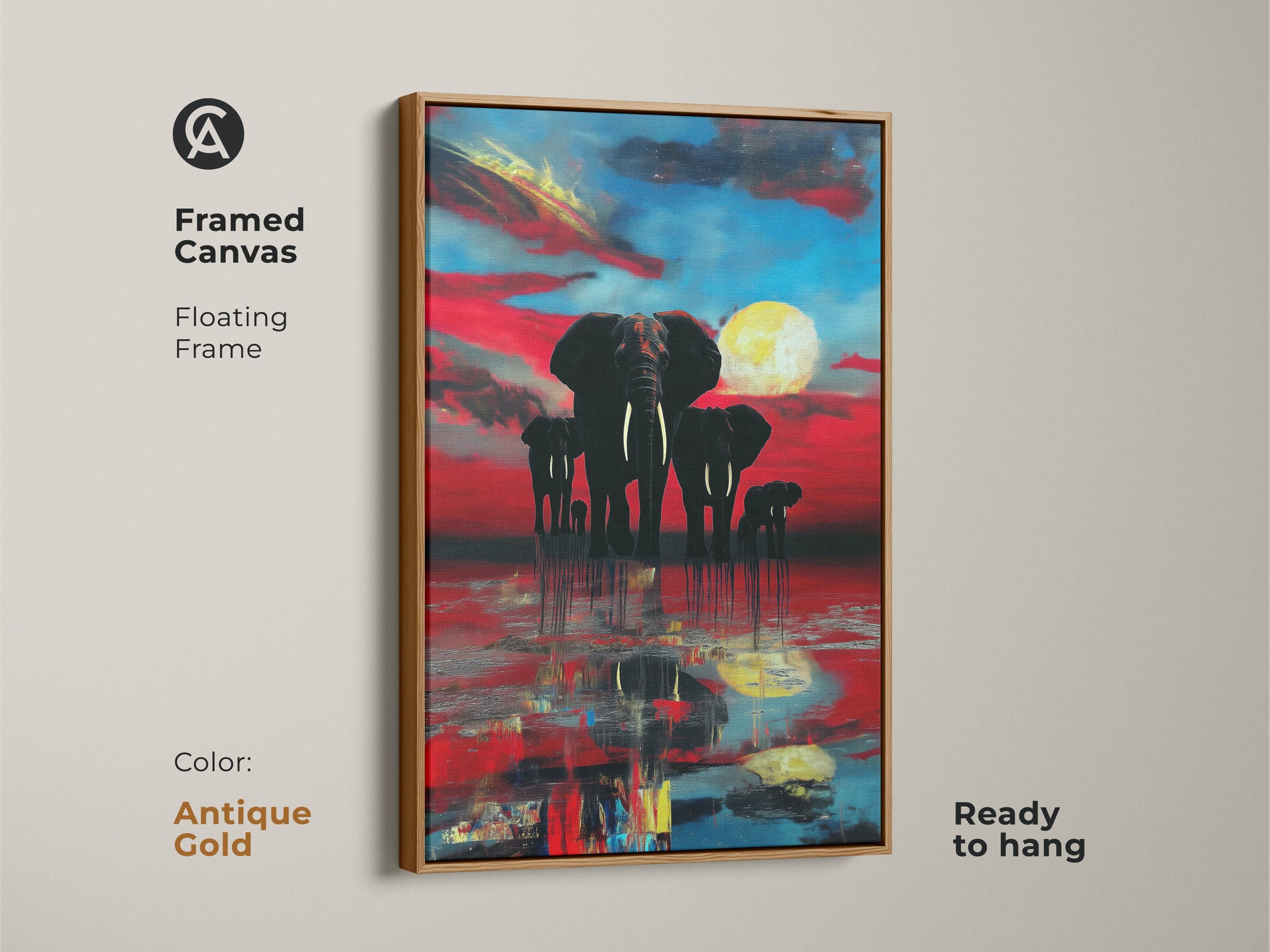Antique gold framed canvas of abstract elephants at sunset. The floating frame highlights the vibrant wildlife canvas. Ready to hang this artwork combines nature and modern art. A unique piece with crimson and azure hues.