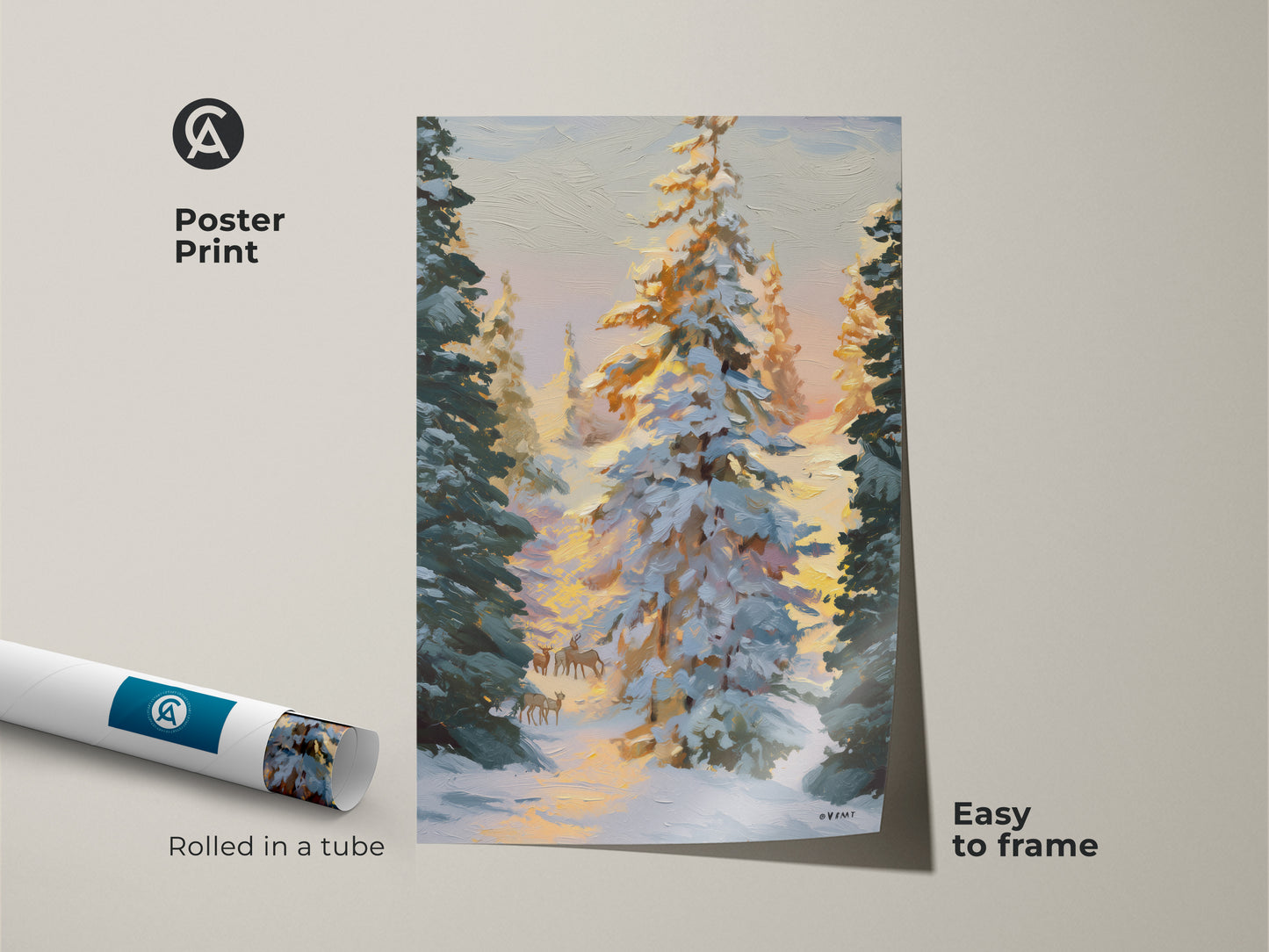 Poster print of an impressionist deer landscape canvas. Easy to frame this rustic winter cabin decor brings a cozy nature print to any space. Woodland animals art is rolled in a tube.