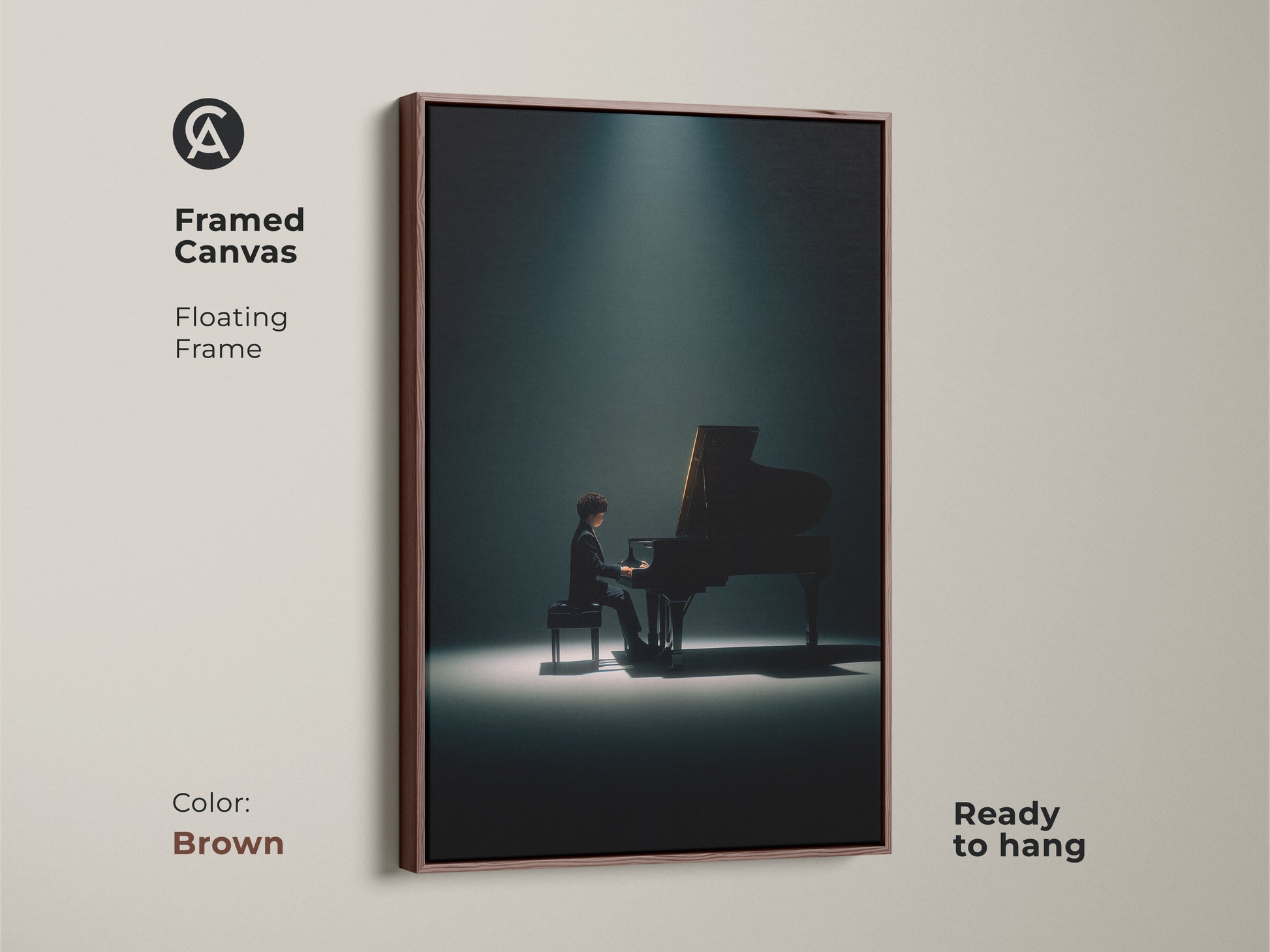 Framed canvas art featuring a pianist playing a grand piano under a spotlight. The artwork has a floating brown frame. Ready to hang. This refined musical artwork complements any interior. Enhance your space today.