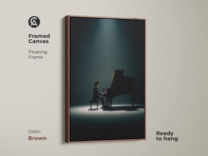 Framed canvas art featuring a pianist playing a grand piano under a spotlight. The artwork has a floating brown frame. Ready to hang. This refined musical artwork complements any interior. Enhance your space today.