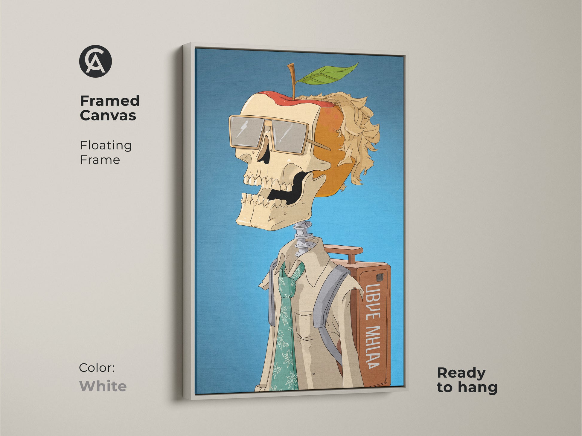 Framed canvas art of a skeleton apple head. This unique art piece features a skeleton with an apple for a head wearing glasses. The floating frame is white and the art is ready to hang. It adds a modern art feel to any space.