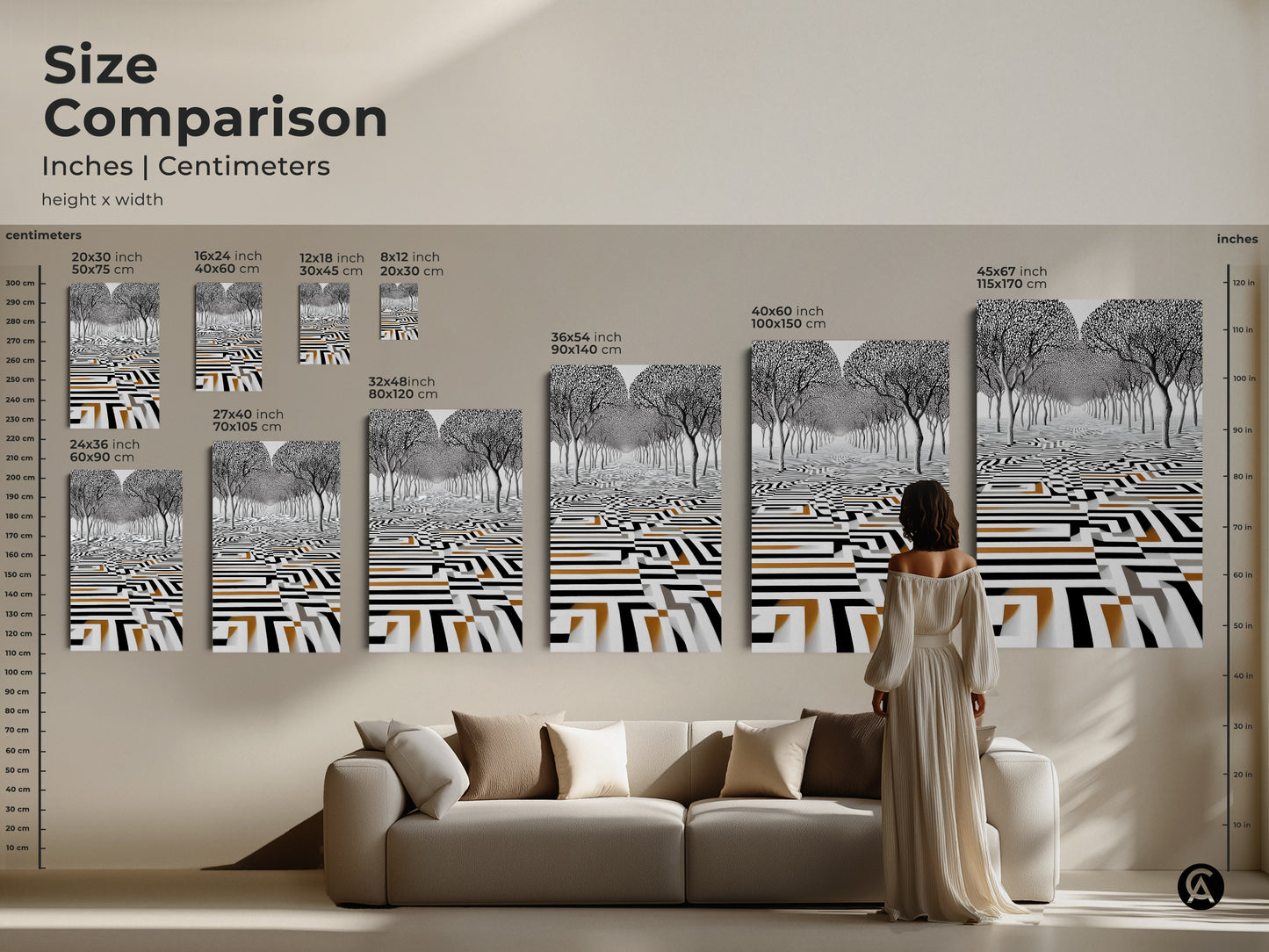 Size comparison showcases the surreal trees maze artwork canvas. A woman in a dress is comparing the size of the artwork with furniture to showcase the different sizes. Sizes range from 20x30 inch to 45x67 inch