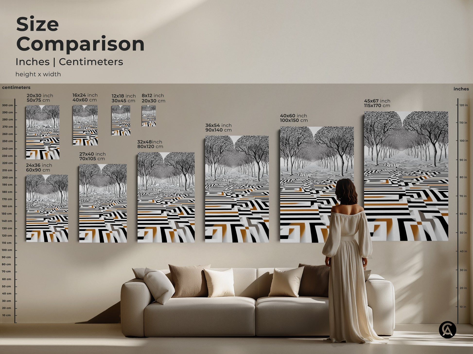Size comparison showcases the surreal trees maze artwork canvas. A woman in a dress is comparing the size of the artwork with furniture to showcase the different sizes. Sizes range from 20x30 inch to 45x67 inch