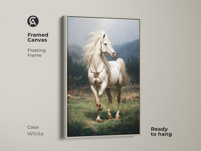 This framed canvas features a realistic white horse in a rustic green landscape. Ready to hang the white floating frame enhances the artwork. It is a perfect equestrian wall decor for any home. This print captures the serene beauty of nature. It is an ideal gift for horse enthusiasts.