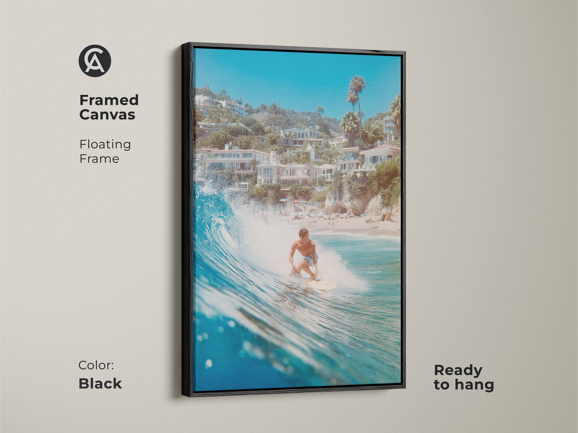 A framed canvas art print featuring a surfer riding a wave. The floating black frame enhances the artwork. This piece is ready to hang and brings a touch of the ocean into your home. The artwork has a sleek and modern aesthetic.