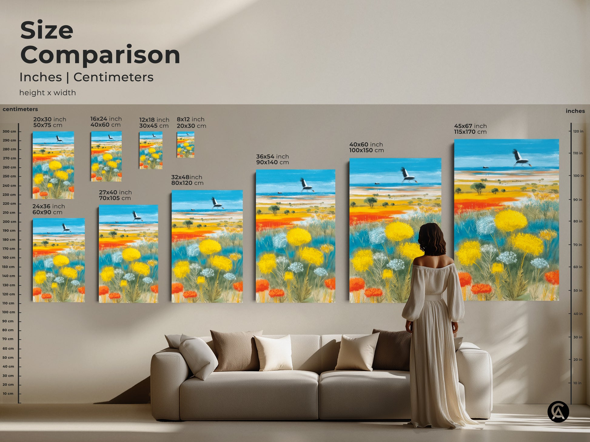 Size comparison of crane flying canvas art and prints. This visual guide shows the artwork in various dimensions from 20x30 to 45x67 inches. Ideal for visualizing how the wildflower nature decor will look. Perfect for planning your living room or bedroom artwork display.