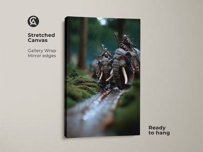 Stretched canvas print featuring epic elephant warriors. Gallery wrapped fantasy battle scene art with mirrored edges. The moss green forest backdrop and earthy brown tones create a cinematic and unique animal themed artwork. Ready to hang in any study room.