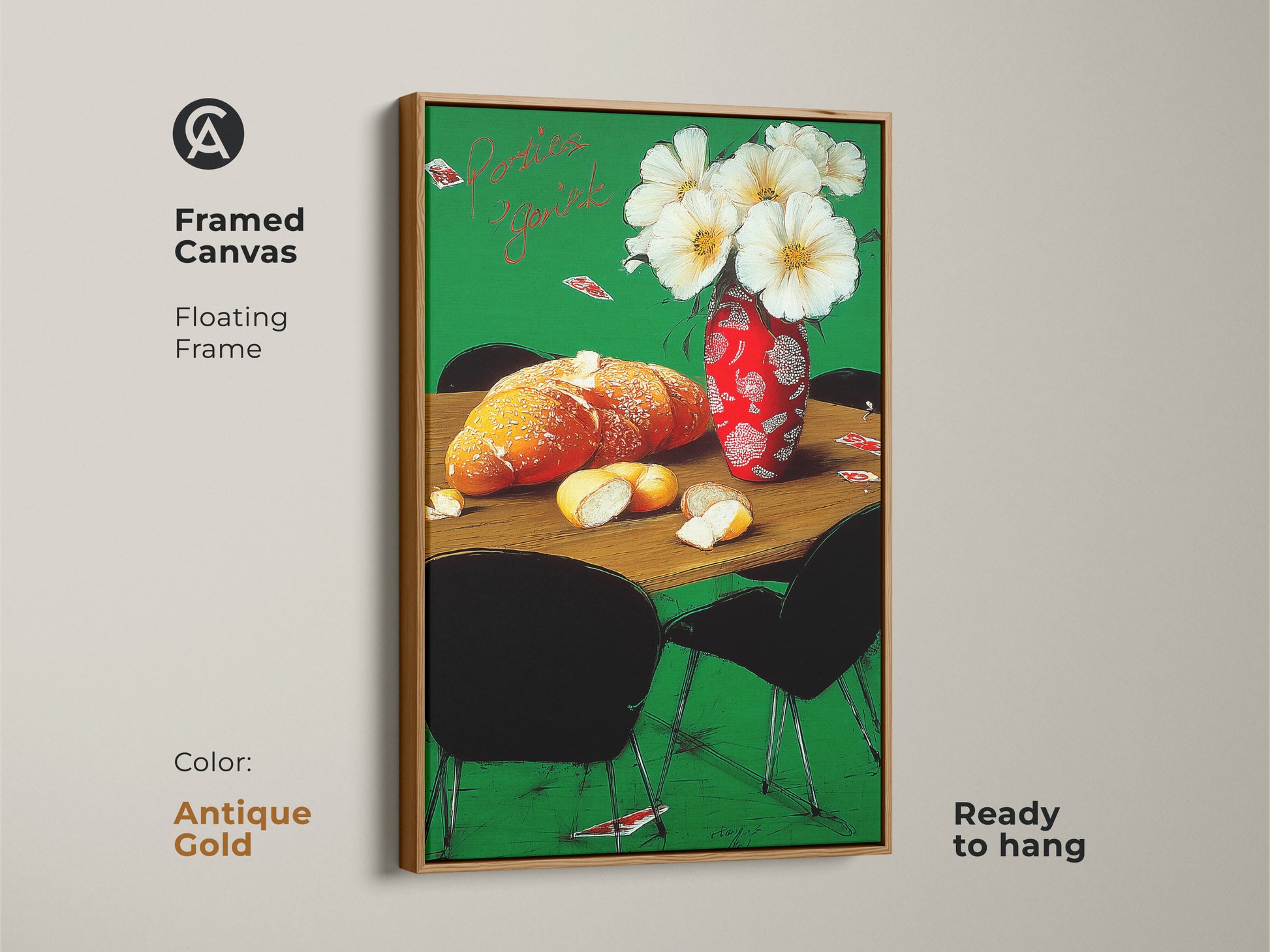 A framed canvas art of a French bakery still life with a gold floating frame. The artwork features flowers in a red vase and crusty bread. Great as a housewarming gift this unique wall decor adds warmth.