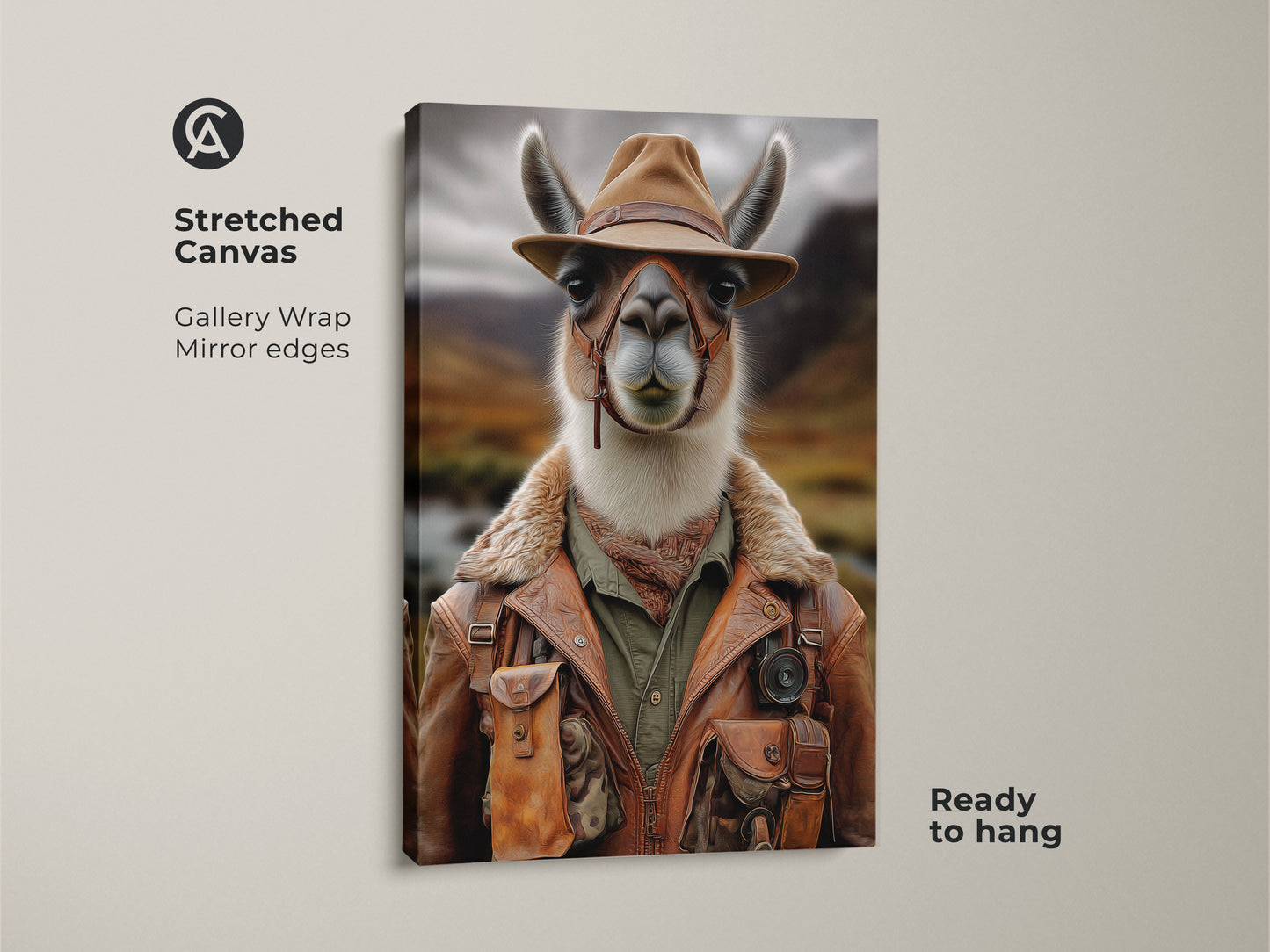 Elevate your decor with this photorealistic llama art printed on stretched canvas. The rustic explorer llama print features gallery wrapped edges. Ready to hang this warm ochre canvas art adds charm to any room. This wildlife photography decor is a unique animal portrait.