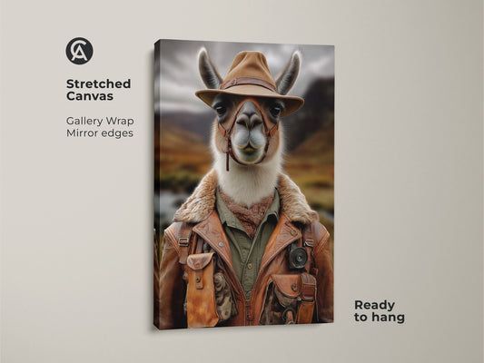 Elevate your decor with this photorealistic llama art printed on stretched canvas. The rustic explorer llama print features gallery wrapped edges. Ready to hang this warm ochre canvas art adds charm to any room. This wildlife photography decor is a unique animal portrait.