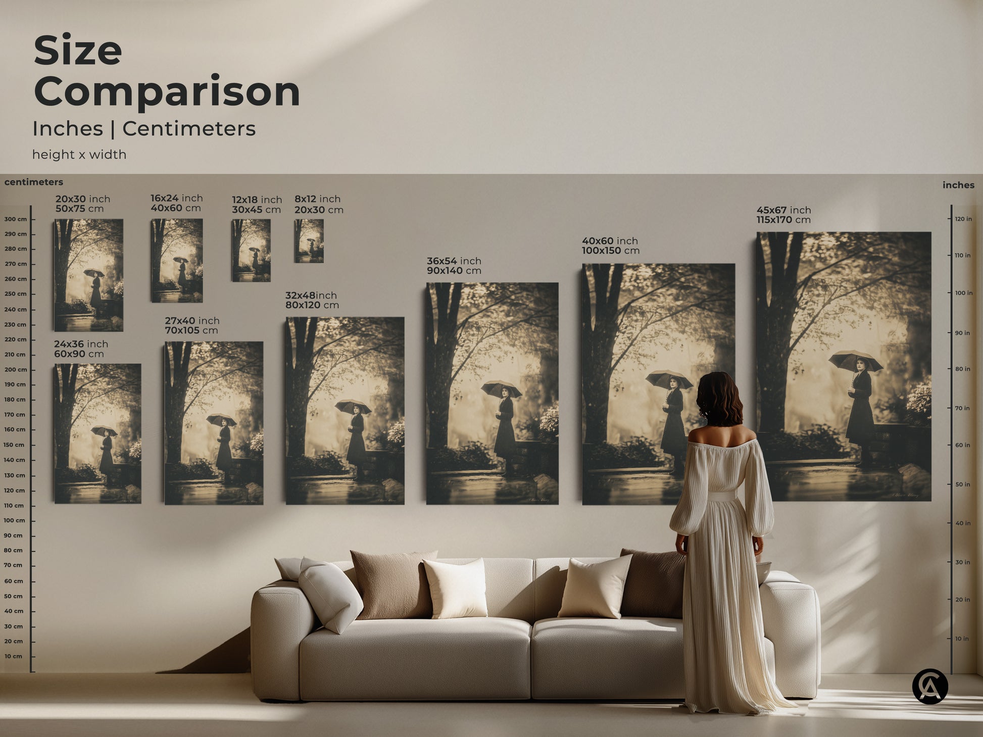 Size comparison of art prints in inches and centimeters. See how different sizes fit above a sofa. Visualize the scale of art prints in a living room setting. Sizes range from 20x30 to 45x67 inches.