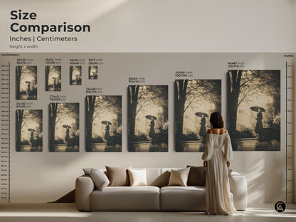 Size comparison of art prints in inches and centimeters. See how different sizes fit above a sofa. Visualize the scale of art prints in a living room setting. Sizes range from 20x30 to 45x67 inches.