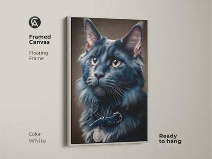The framed canvas features a floating frame in white showcasing a dark gray Maine Coon cat. This realistic feline portrait is ready to hang. The contemporary animal artwork enhances any room adding an elegant touch to home decor.