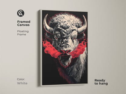 Framed canvas presents a bold bison artwork in a floating frame. This wildlife painting print features a clean white frame. Ready to hang this canvas complements modern decor. Showcasing Native American art it brings power animal wall art to life.