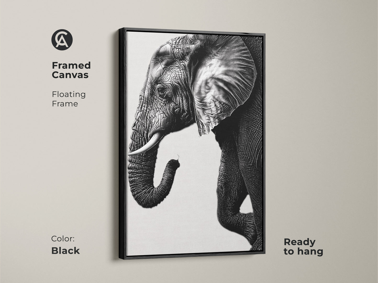 Black framed canvas showcasing a minimalist elephant art print. This modern animal wall decor is ready to hang. The monochrome elephant wall art adds sophistication.