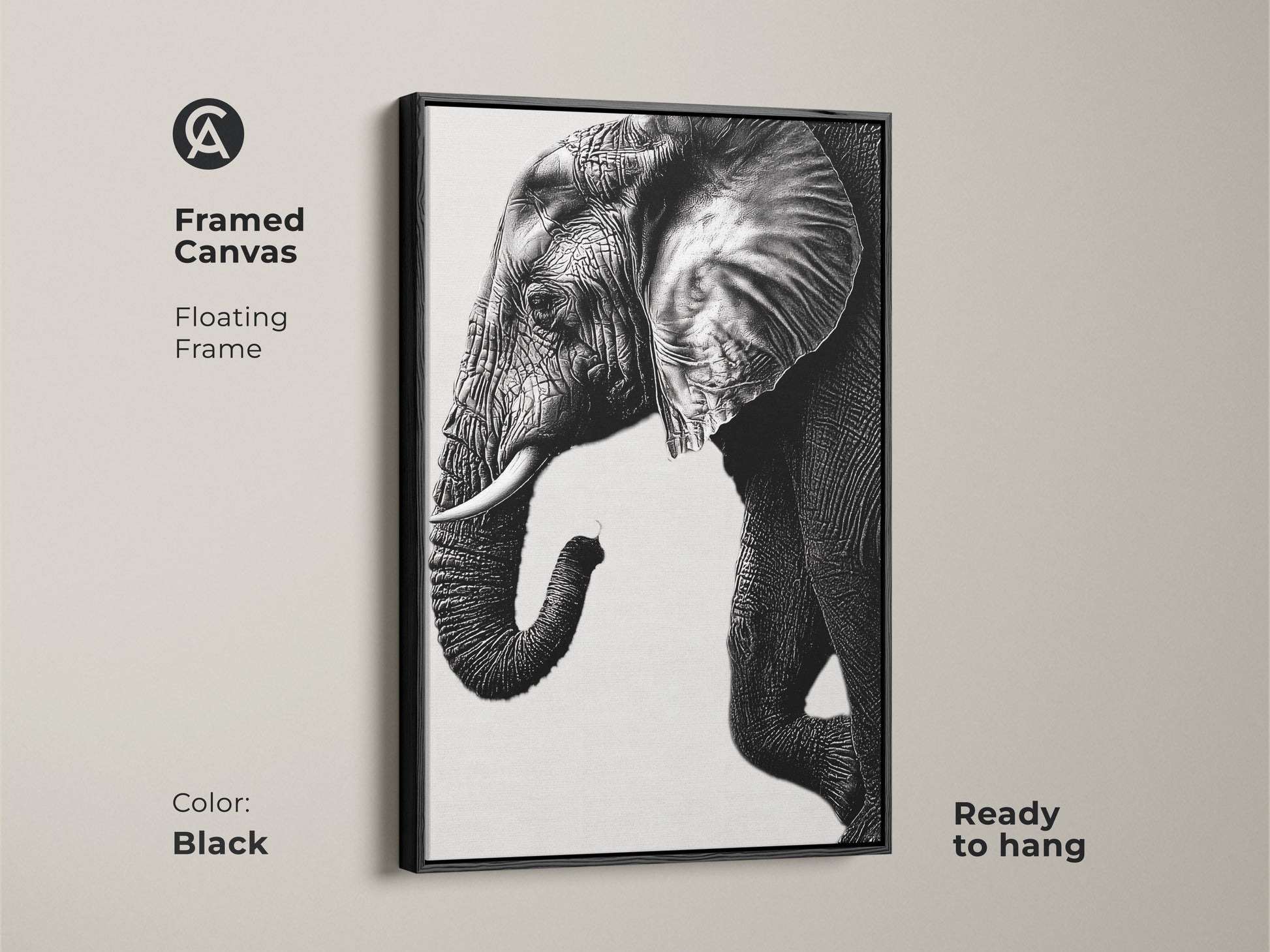 Black framed canvas showcasing a minimalist elephant art print. This modern animal wall decor is ready to hang. The monochrome elephant wall art adds sophistication.