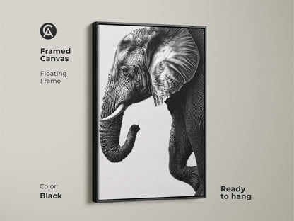 Black framed canvas showcasing a minimalist elephant art print. This modern animal wall decor is ready to hang. The monochrome elephant wall art adds sophistication.