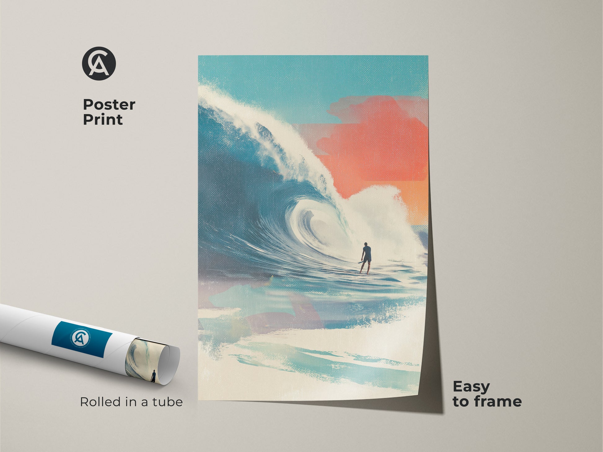 Poster print of surfing artwork rolled in a tube. The art captures a surfer riding a large wave. The poster is easy to frame. The artwork adds a touch of surf culture to any room. Great for surf art collectors and enthusiasts.
