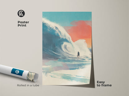 Poster print of surfing artwork rolled in a tube. The art captures a surfer riding a large wave. The poster is easy to frame. The artwork adds a touch of surf culture to any room. Great for surf art collectors and enthusiasts.