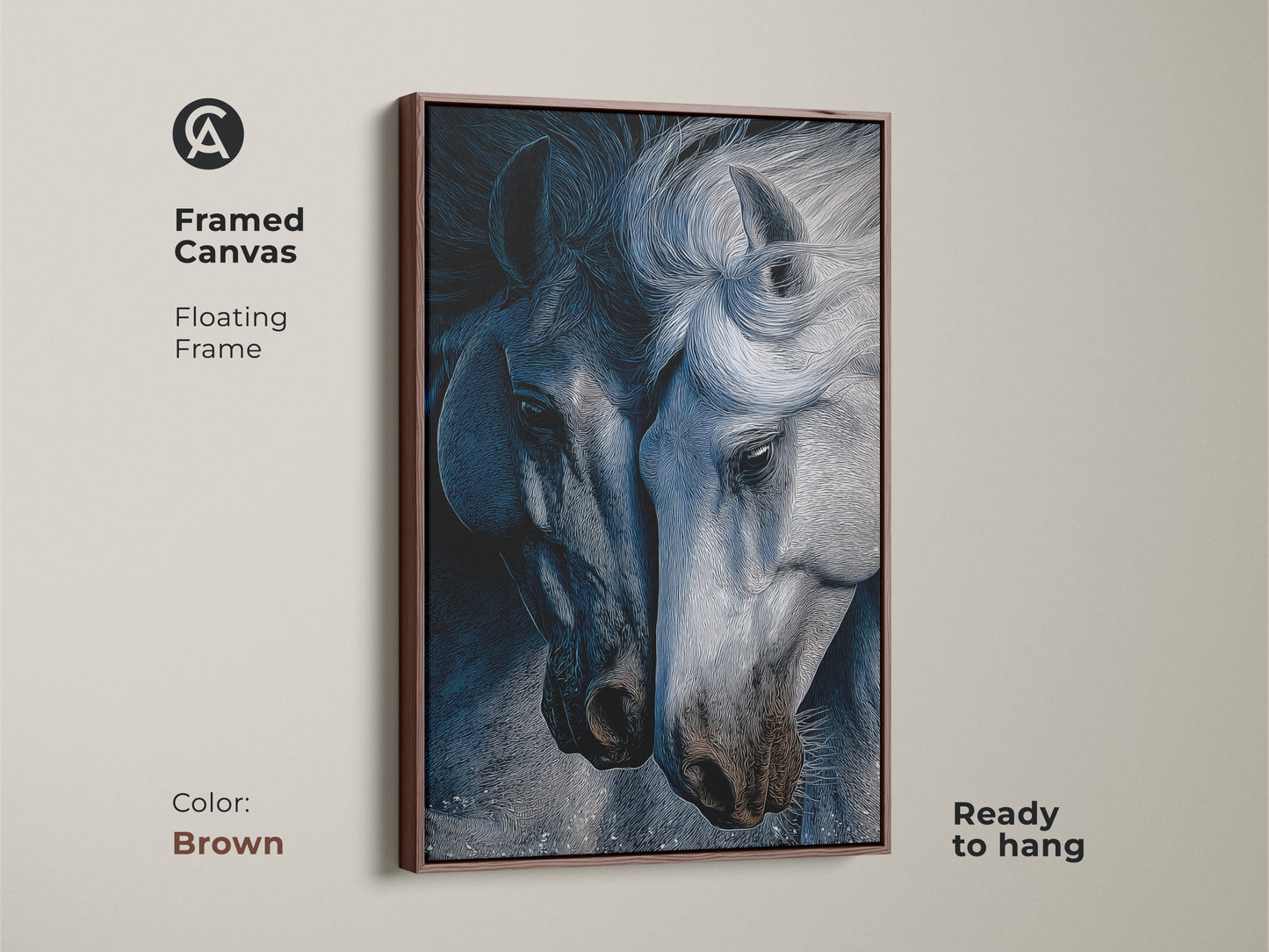 Framed canvas in brown showcasing indigo horse line art. This contemporary horse print is ready to hang. The animal line art wall decor adds a sophisticated touch. It's ideal as bedroom horse decor. The blue gray art print serves as a captivating focal point. Perfect as a gift for horse enthusiasts or as housewarming canvas art.