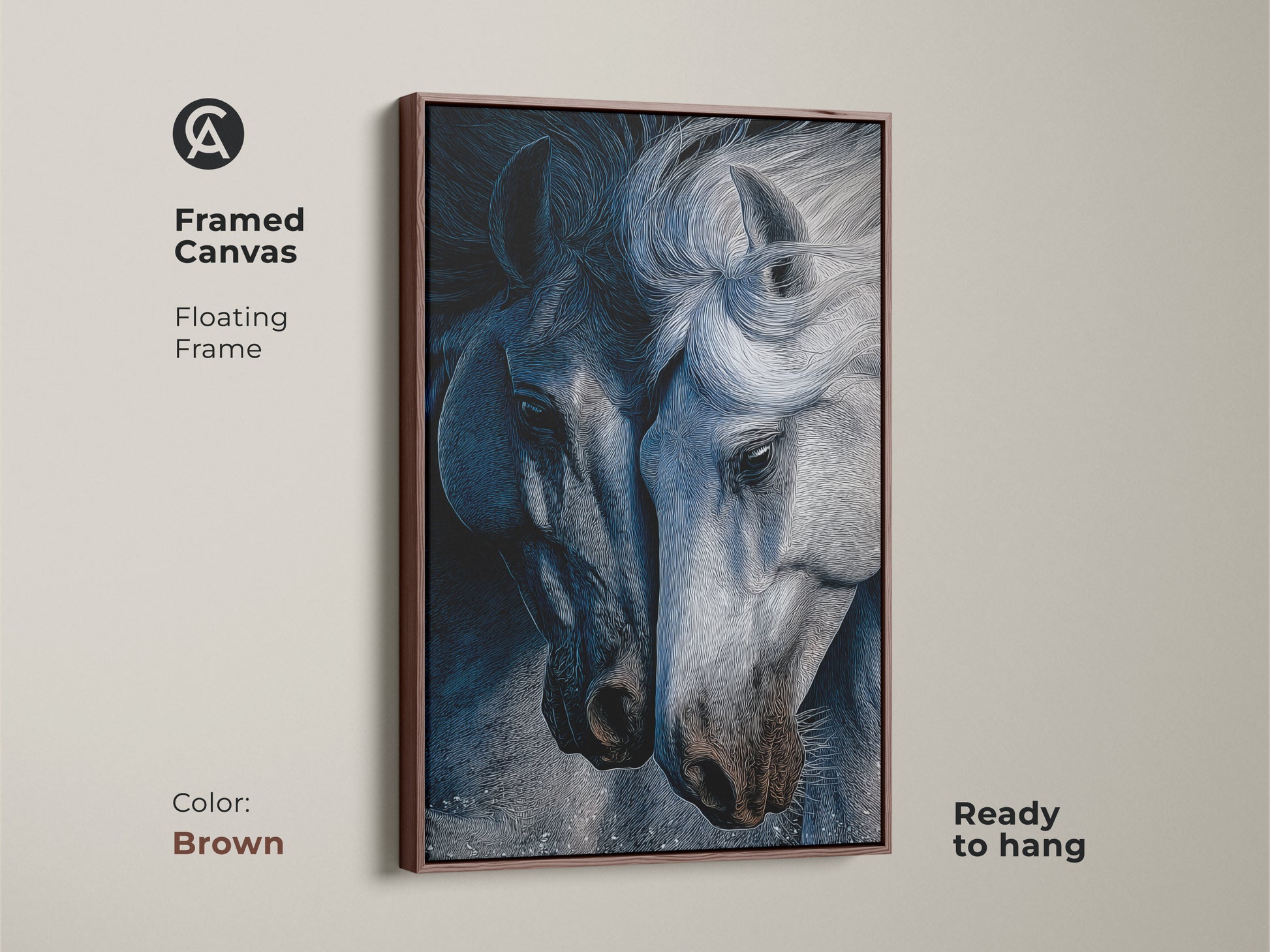 Framed canvas in brown showcasing indigo horse line art. This contemporary horse print is ready to hang. The animal line art wall decor adds a sophisticated touch. It's ideal as bedroom horse decor. The blue gray art print serves as a captivating focal point. Perfect as a gift for horse enthusiasts or as housewarming canvas art.