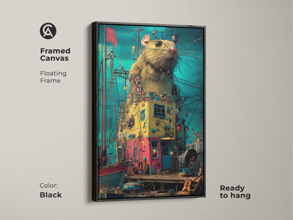 Framed canvas art of a steampunk rat in a surreal harbor. The black floating frame enhances this unique animal print. Ready to hang. Its intricate details bring a touch of fantasy and industrial art to any space. It makes a great gift for art lovers.