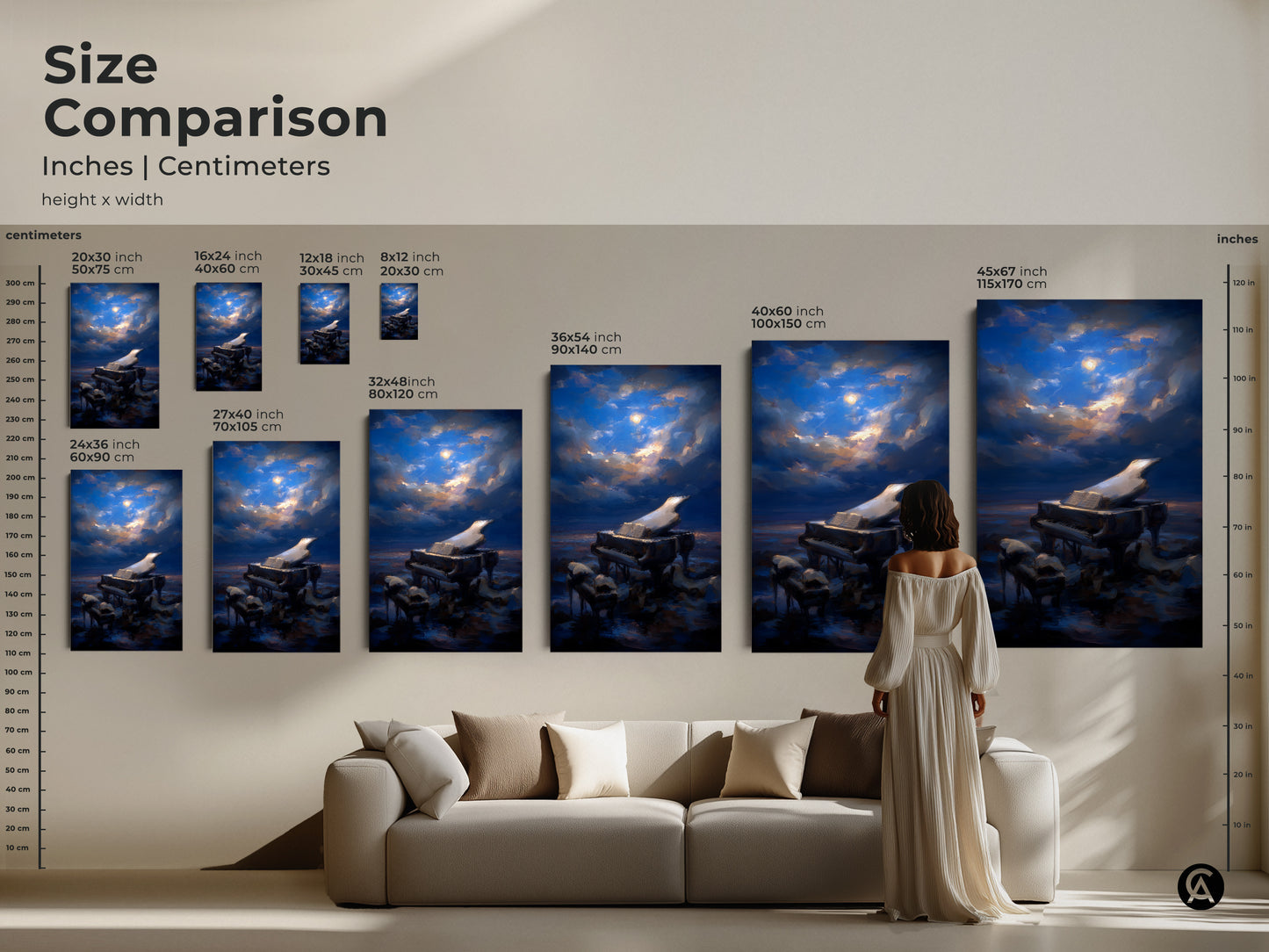 Size comparison of surreal grand piano art. This chart shows canvas and poster sizes in inches and centimeters. Visualize the artwork from 8x12 to 45x67 inches. Ideal moonlit sky piano print for any room. A perfect gift for music lovers. The canvas enhances any music lover's home.