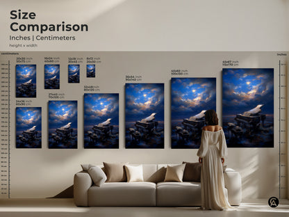 Size comparison of surreal grand piano art. This chart shows canvas and poster sizes in inches and centimeters. Visualize the artwork from 8x12 to 45x67 inches. Ideal moonlit sky piano print for any room. A perfect gift for music lovers. The canvas enhances any music lover's home.