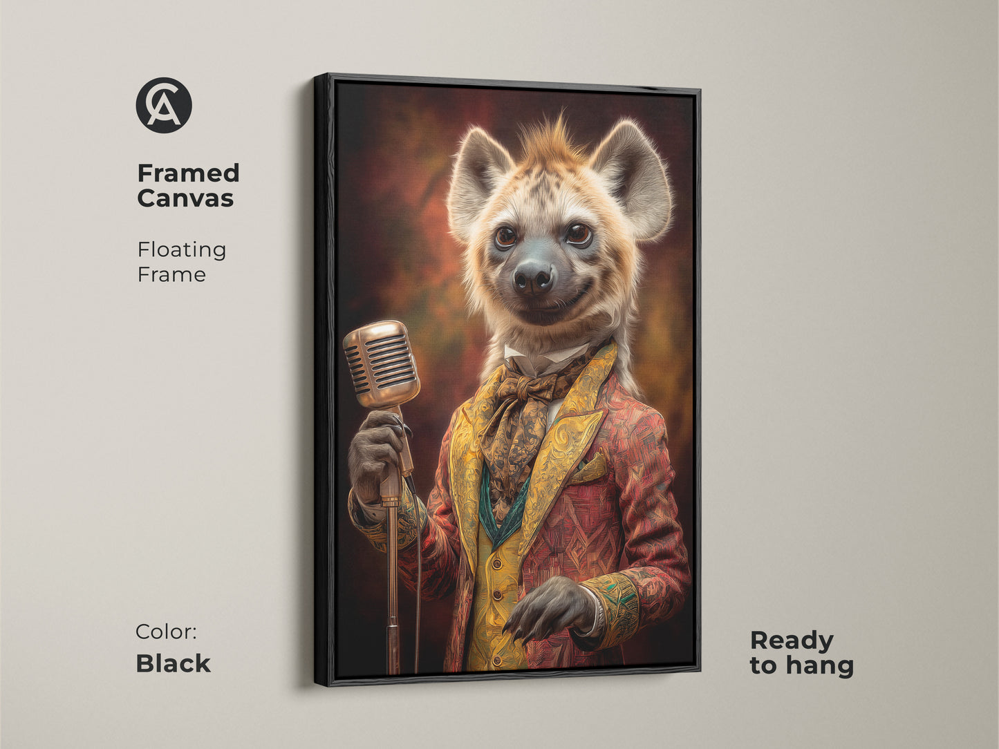 Framed canvas art featuring a dapper hyena singer in a black floating frame. This ready-to-hang artwork adds an eclectic touch to any space. It's a perfect gift for music lovers with its retro animal musician wall art aesthetic. Enjoy this vintage style portrait.