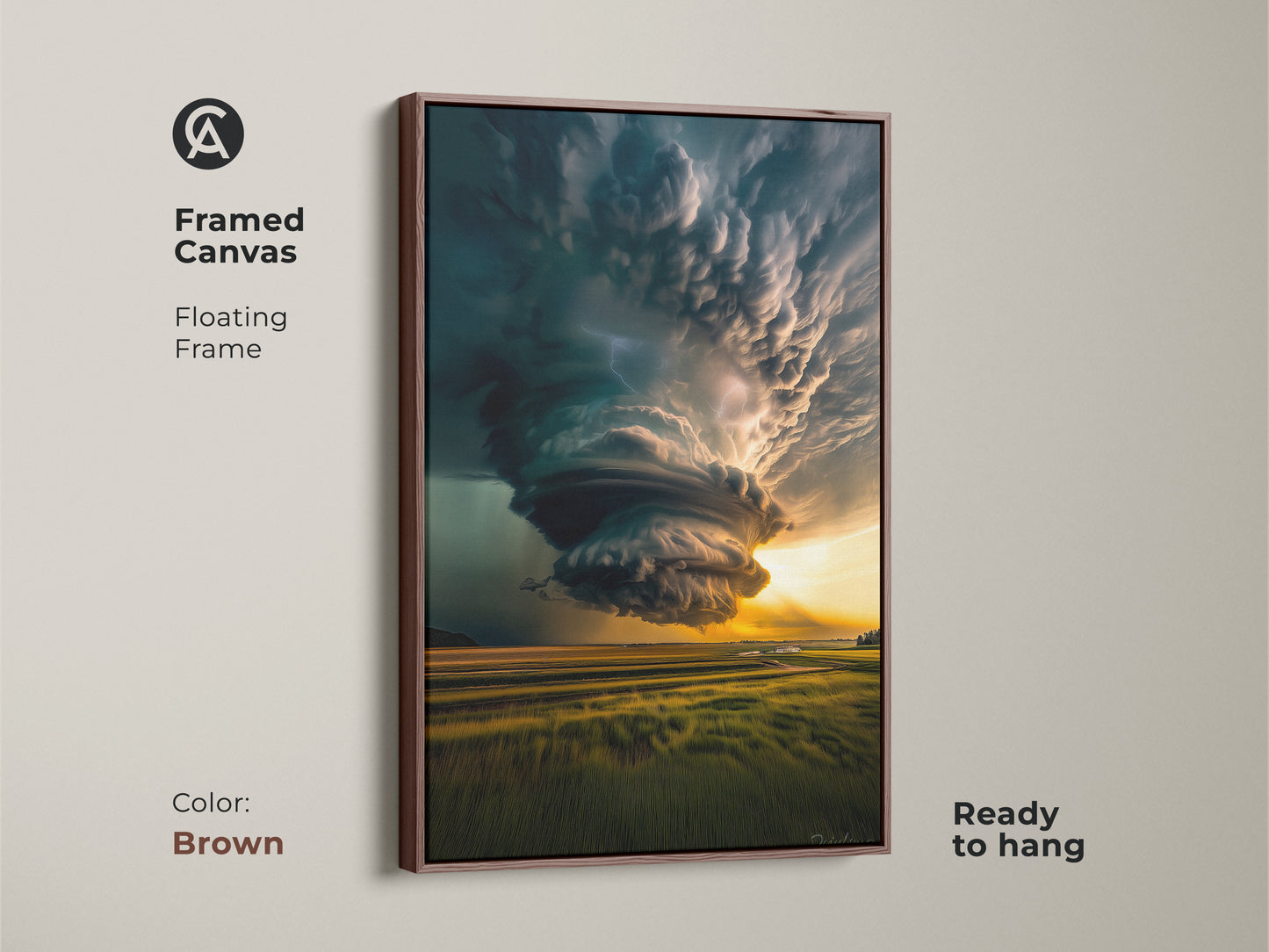 Brown framed canvas featuring a dramatic tornado landscape art with a floating frame. This modern wall decor piece is ready to hang. The teal and yellow nature art adds a dynamic focal point to a living room or office space. Perfect as a housewarming gift.