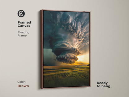 Brown framed canvas featuring a dramatic tornado landscape art with a floating frame. This modern wall decor piece is ready to hang. The teal and yellow nature art adds a dynamic focal point to a living room or office space. Perfect as a housewarming gift.
