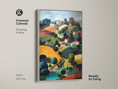 Framed canvas print of a countryside village landscape. This folk naive style artwork features a golden emerald teal color palette. The travel inspired wall decor with a white floating frame is ready to hang. Pastoral scene canvas adds charm to eclectic home decor.