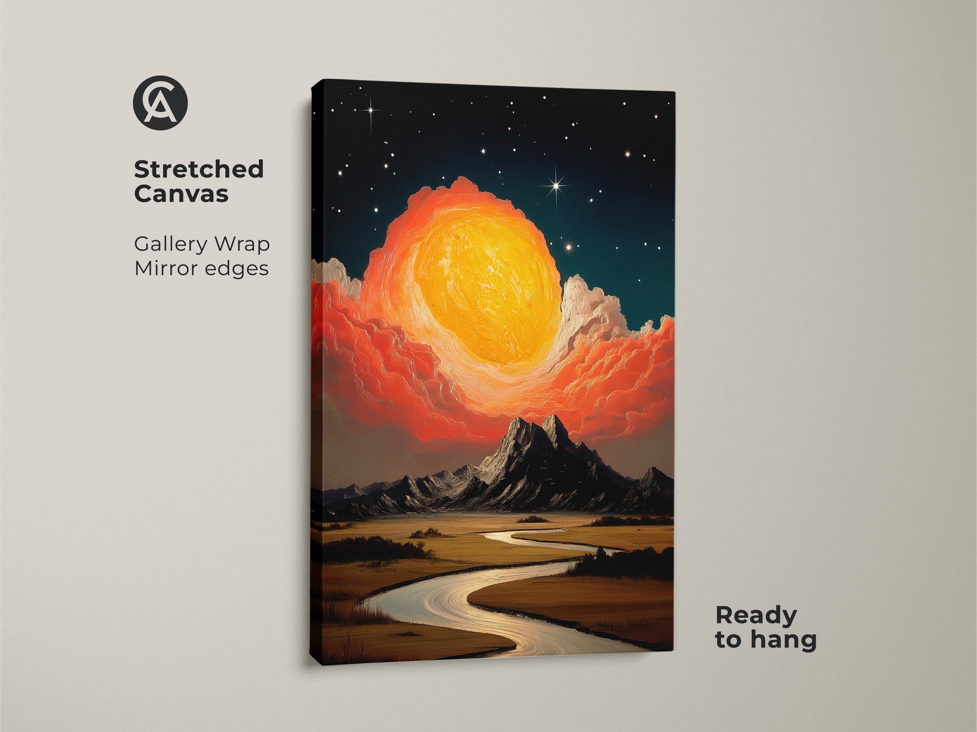 Stretched Canvas print of a cosmic sun rising over mountains and a river. This expressive landscape canvas art features gallery wrapped mirror edges and is ready to hang. Its yellow orange teal tones create a dreamlike effect. Perfect wall decor for bedroom.