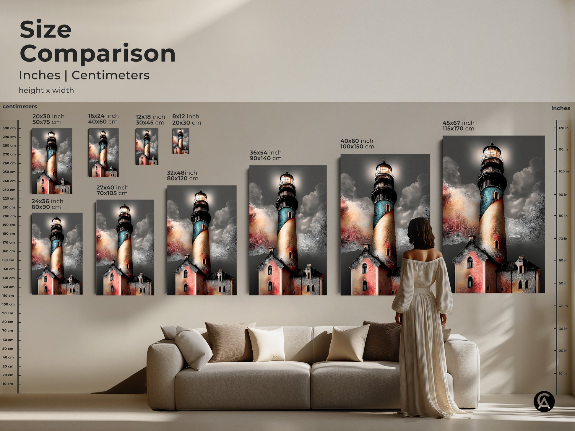 Size comparison of coastal lighthouse art. See how the artwork looks in different dimensions. Perfect for living rooms bedrooms or entryways. Teal orange and grey colors bring coastal charm. Nautical gift for him.
