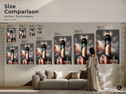 Size comparison of coastal lighthouse art. See how the artwork looks in different dimensions. Perfect for living rooms bedrooms or entryways. Teal orange and grey colors bring coastal charm. Nautical gift for him.