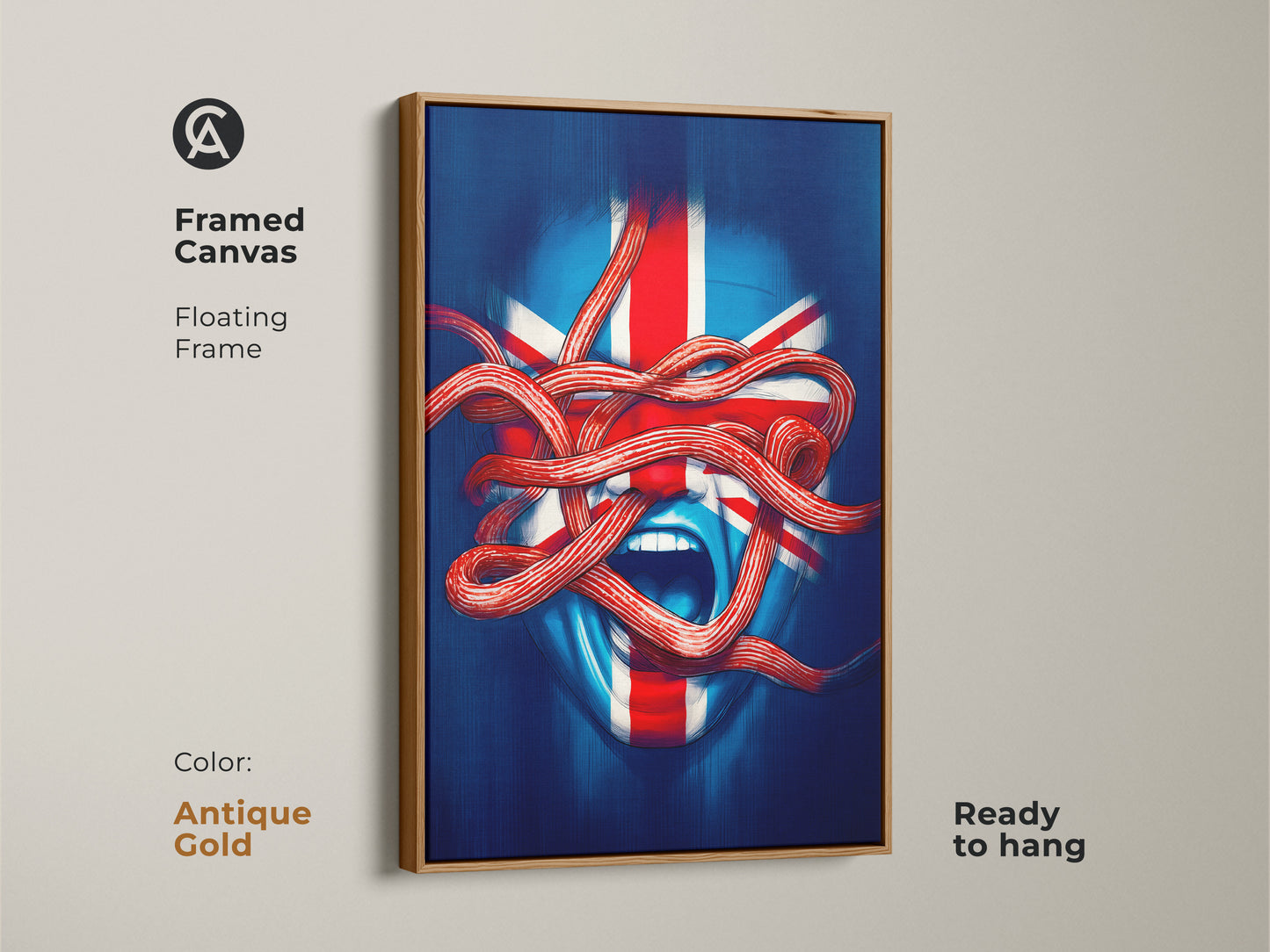 Framed canvas of Union Jack face artwork with a floating antique gold frame. Ready to hang modern surrealism piece adds bold decor to any room. The blue red white abstract art shows patriotic British flavor. Eclectic wall decor.