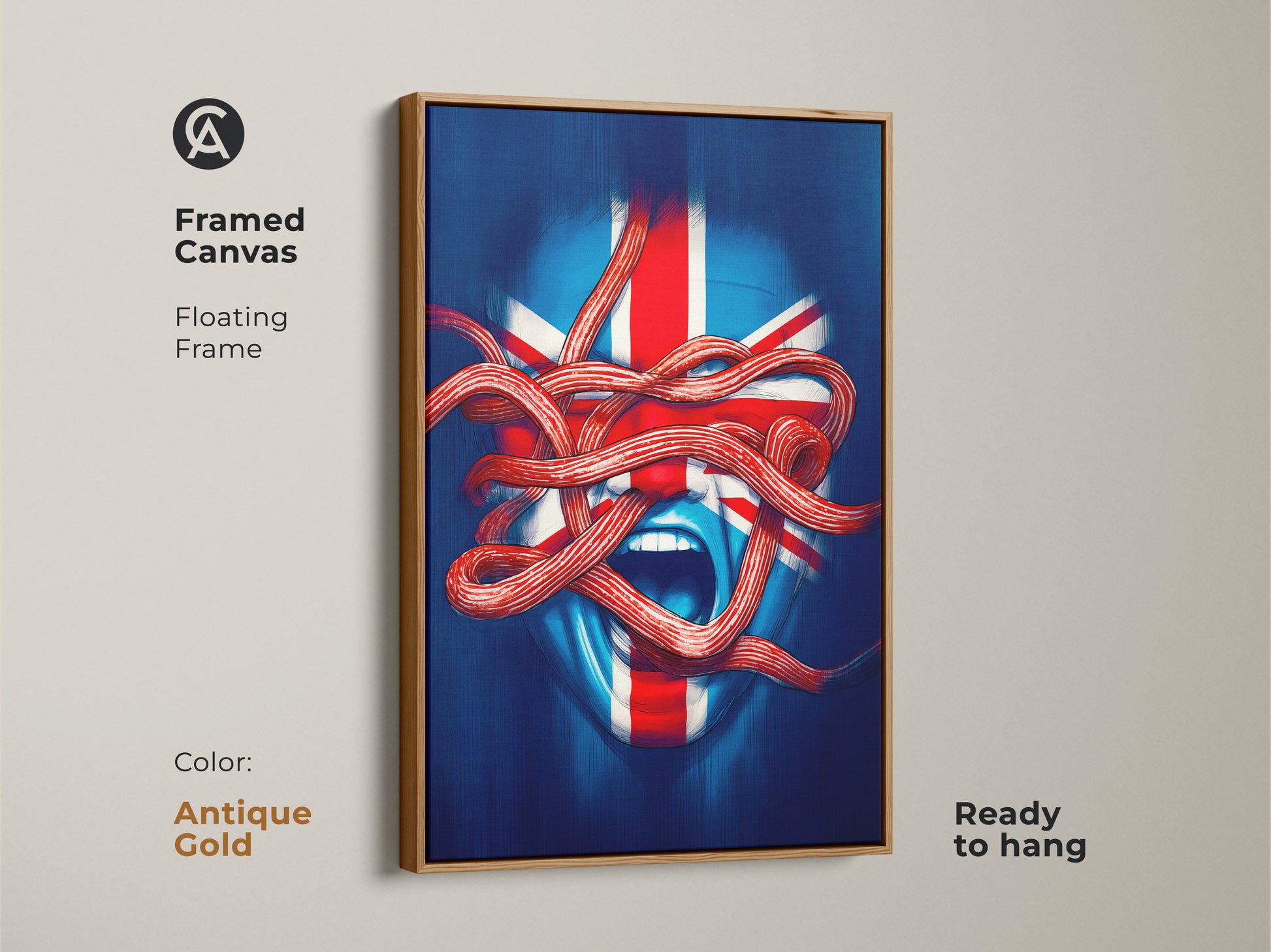 Framed canvas of Union Jack face artwork with a floating antique gold frame. Ready to hang modern surrealism piece adds bold decor to any room. The blue red white abstract art shows patriotic British flavor. Eclectic wall decor.