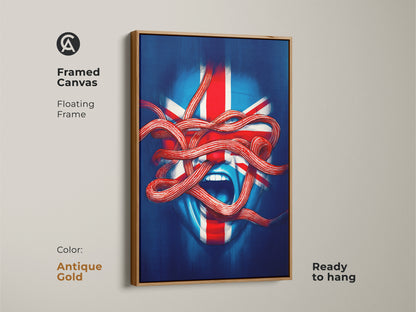 Framed canvas of Union Jack face artwork with a floating antique gold frame. Ready to hang modern surrealism piece adds bold decor to any room. The blue red white abstract art shows patriotic British flavor. Eclectic wall decor.